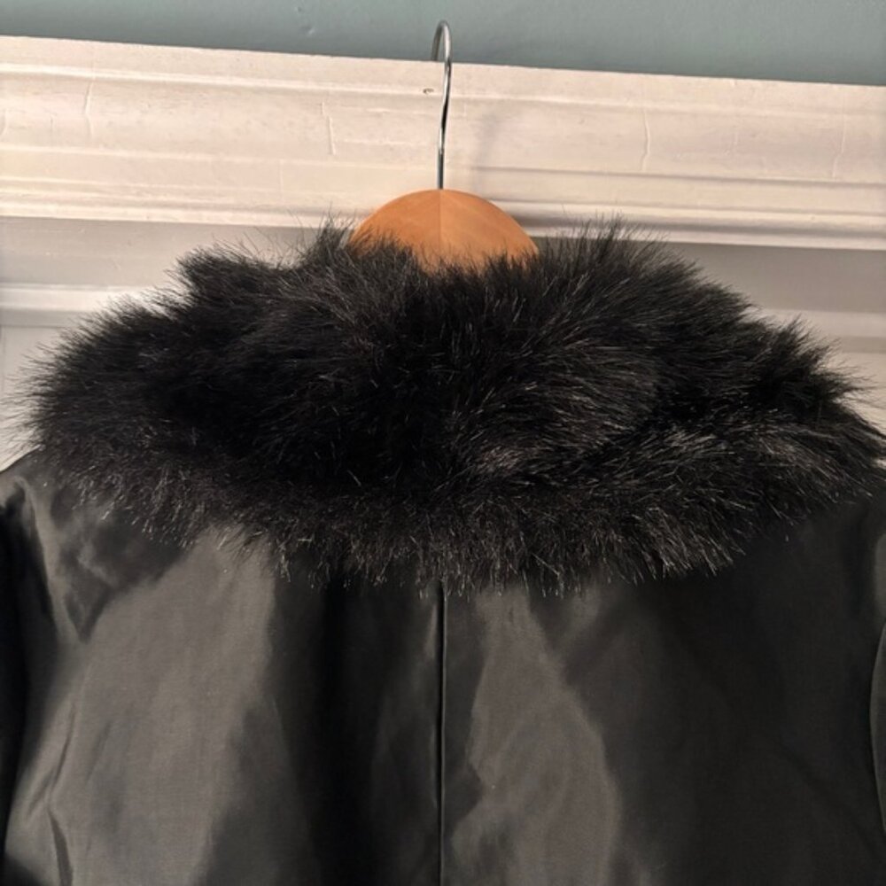 Jessica McClintock Vintage Black Satin Faux Fur Blazer Jacket Zip Up Size S / M - Picture 9 of 11